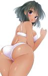  1girl ass black_hair bra breasts dark_skin dutch_angle from_behind from_below idolmaster idolmaster_cinderella_girls large_breasts looking_back mio_(mgr300) natalia_(idolmaster) open_mouth panties shiny shiny_skin short_hair sideboob smile solo underwear violet_eyes white_background white_bra white_panties 