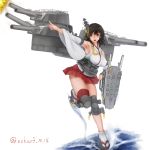  1girl absurdres black_hair breasts cannon detached_sleeves flight_deck geta hair_ornament headgear highres japanese_clothes kantai_collection large_breasts machinery nontraditional_miko open_mouth red_eyes scharfschutze short_hair solo standing standing_on_one_leg turret twitter_username water wide_sleeves yamashiro_(kantai_collection) 