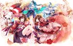  4girls :d bangs bare_shoulders bell blush character_request detached_sleeves floral_background floral_print flower fox full_body geta hair_flower hair_ornament highres japanese_clothes jingle_bell kagura_(onmyoji) kimono long_hair long_sleeves looking_at_viewer low-tied_long_hair mask mask_on_head multiple_girls multiple_tails obi onmyoji onmyouji open_mouth sakurano_tsuyu sash short_hair sidelocks smile tail two_tails very_long_hair wide_sleeves yuki_onna 