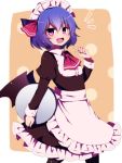  1girl alternate_costume apron ascot bangs bat_wings black_dress black_legwear blue_hair blush commentary_request dress enmaided fang flat_chest frilled_apron frilled_dress frills gradient_hair hair_between_eyes hand_up jpeg_artifacts looking_at_viewer maid maid_apron maid_headdress multicolored_hair open_mouth pantyhose pink_eyes pointing pointing_at_self remilia_scarlet short_hair solo touhou violet_eyes waist_apron wings you_(noanoamoemoe) 
