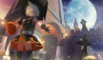  3girls animal_ears black_hair blue_hair ccaw clock clock_tower commentary grey_hair halloween hat highres moon multiple_girls night night_sky original outstretched_arm pumpkin scenery sky tail thigh-highs tower witch witch_hat 