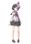  1girl absurdres bangs bare_legs bell black_hair bow gal_gun gal_gun_double_peace game_cg hair_ornament hairclip highres holding kamizono_maya loafers long_sleeves mask mask_on_head neck_ribbon no_socks official_art origami pigeon-toed pleated_skirt red_eyes ribbon shoes short_hair skirt smile solo swept_bangs thigh-highs white_background 