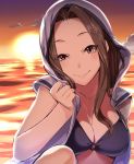  1girl bare_arms bikini black_bikini breasts brown_eyes character_request cleavage clouds collarbone eyebrows haruichi highres idolmaster idolmaster_cinderella_girls large_breasts long_hair looking_at_viewer out_of_frame outdoors smile solo sunset swimsuit water 