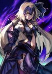  &gt;:) 1girl armor blonde_hair breasts chain closed_mouth cowboy_shot fate/grand_order fate_(series) headpiece highres holding holding_weapon jeanne_alter karlwolf long_hair looking_at_viewer navel ruler_(fate/apocrypha) solo standing stomach weapon yellow_eyes 