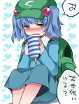  1girl backpack bag blue_dress blue_eyes blue_hair blush commentary confession dress hair_bobbles hair_ornament hammer_(sunset_beach) hat heart kawashiro_nitori key looking_at_viewer open_mouth solo touhou translated two_side_up 