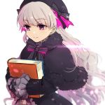  1girl artist_request bangs beret book fate/extra fate/grand_order fate_(series) hat hat_ribbon holding holding_book long_hair lowres nursery_rhyme_(fate/extra) ribbon smile solo violet_eyes white_hair 