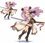  1girl boots doraf gloves granblue_fantasy hair_over_one_eye horns katana lavender_hair long_hair narumeia_(granblue_fantasy) outstretched_arm pixel_art pointy_ears shirosu sword weapon 