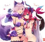  2girls alternate_costume animal_ears armor armpits bangs bikini_armor black_legwear black_panties blue_eyes bow breasts choker cleavage commentary cowboy_shot dragon_tail elbow_gloves elizabeth_bathory_(brave)_(fate) fate/grand_order fate_(series) fur-trimmed_gloves gem gloves hair_over_one_eye halloween highres horns ichinosenen lancer_(fate/extra_ccc) long_hair looking_at_viewer multiple_girls navel o-ring open_mouth panties pauldrons pink_bow pointy_ears purple_hair purple_legwear redhead shielder_(fate/grand_order) short_hair sideboob smile tail thigh-highs trick_or_treat underwear violet_eyes wolf_ears wolf_tail 