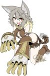  1girl 2016 :3 :d all_fours animal_ears ankle_boots artist_name blush boots breasts brown_boots cat_ears claws collar dated eyebrows eyebrows_visible_through_hair fang flying_sweatdrops granblue_fantasy grey_hair hair_between_eyes head_tilt highres hood looking_at_viewer medium_breasts number open_mouth orange_eyes sen_(granblue_fantasy) signature simple_background smile solo sweatdrop white_background yoshida_hideyuki 