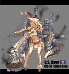  &gt;;o 1girl absurdres anchor arm_up armpits belt blonde_hair blue_eyes blush braid breasts broken cannon cape chain character_name covered_nipples damaged dark_skin feathers flag_of_the_united_states_navy full_body gloves hand_on_headwear hat highres legs_apart looking_to_the_side machinery mechanical_arms midriff military military_vehicle navel official_art oklahoma_(zhan_jian_shao_nyu) one_eye_closed open_mouth pelvic_curtain photo_background radar remodel_(zhan_jian_shao_nyu) ship sirills smoke solo standing tan tanline text thigh-highs torn_clothes turret under_boob uss_oklahoma_(bb-37) warship watercraft white_gloves white_hat white_legwear zhan_jian_shao_nyu 