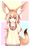  &gt;:o 1girl :o absurdres animal_ears blonde_hair blue_eyes camisole fox_ears fox_tail hand_on_hip highres long_hair looking_at_viewer original pointing pointing_at_viewer scolding shirt short_sleeves sukemyon tail undershirt 