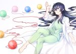  1girl ameku_takao_no_suiri_karte barefoot black_hair blue_hair commentary_request labcoat long_hair lying name_tag ohara_hiroki on_back open_mouth red_string solo string yarn yarn_ball 