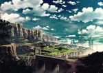  blue_sky bridge cliff clouds cloudy_sky day fantasy forest mitsu_ura nature no_humans original outdoors scenery sky water waterfall 