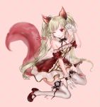  1girl absurdres animal_ears bare_shoulders brown_hair dog_ears dress elin_(tera) gloves highres long_hair mary_janes one_eye_closed paw_pose red_eyes shoes sitting smile solo strapless strapless_dress tail tera_online thigh-highs twintails white_legwear 