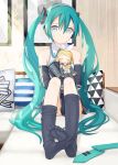  black_legwear couch cushion feet green_eyes green_hair hair_ribbon hatsune_miku highres kagamine_rin kari_kenji long_hair looking_at_viewer necktie pleated_skirt ribbon sitting skirt smile stuffed_toy thigh-highs twintails very_long_hair vocaloid 