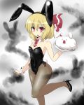  1girl animal_ears blonde_hair breasts bunny_tail bunnysuit comic commentary_request covered_navel detached_collar fang gomasamune hair_ornament high_heels highres kedama looking_at_viewer necktie open_mouth pantyhose rabbit_ears red_eyes rumia short_hair small_breasts smile tail touhou tray wrist_cuffs 