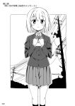  1girl bow bowtie comic eyebrows eyebrows_visible_through_hair greyscale long_sleeves looking_at_viewer monochrome mousou_(mousou_temporary) original page_number pleated_skirt school_uniform short_hair skirt solo translation_request 