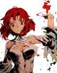  1girl ahoge arm_up blood breasts brooch cleavage dress glowing glowing_eyes izetta jewelry looking_at_viewer magic red_eyes redhead serious shuumatsu_no_izetta solo sworgun torn_clothes white_background white_dress 