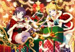  2girls arm_support ayase_eli bell bent_over black_hair blonde_hair blue_eyes box capelet christmas christmas_tree collarbone crossed_legs gift gift_box green_eyes hair_ornament high_ponytail highres holding looking_at_viewer love_live! love_live!_school_idol_festival love_live!_school_idol_project multiple_girls official_art open_mouth santa_costume sitting smile star striped striped_legwear thigh-highs toujou_nozomi white_feathers wrist_cuffs 