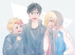  3boys anger_vein ataharu black_hair blonde_hair brown_eyes fang green_eyes hair_over_one_eye hood hoodie jacket katsuki_yuuri male_focus minami_kenjirou multicolored_hair multiple_boys open_mouth redhead smile track_jacket yuri!!!_on_ice yuri_plisetsky 