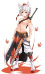  1boy abs animal_ears baggy_pants beltskirt closed_mouth elusya full_body genderswap genderswap_(ftm) geta groin hat highres inubashiri_momiji leaf looking_at_viewer male maple_leaf midriff navel orange_eyes pants sarong sheath sheathed short_hair smile solo stomach sword tabi tokin_hat topless touhou weapon weapon_on_back white_hair white_legwear white_pants wolf_ears 