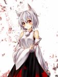  1girl animal_ears bare_shoulders black_skirt commentary_request detached_sleeves highres inubashiri_momiji miki_yanagi pom_pom_(clothes) red_eyes shirt skirt sleeveless sleeveless_shirt tail touhou white_hair wolf_ears wolf_tail 