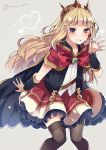  &gt;:) 1girl bangs black_legwear blonde_hair blush bow bowtie brooch cagliostro_(granblue_fantasy) cape cowboy_shot crown granblue_fantasy grin hairband jewelry long_hair looking_at_viewer petticoat red_bow red_bowtie red_skirt shirt skirt smile solo tanuma_(tyny) thigh-highs twitter_username violet_eyes 