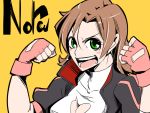  &gt;:d 1girl :d blush_stickers brown_hair character_name cleavage_cutout clenched_hands green_eyes heart_cutout kishiri_(sakurasaku_xyli) looking_at_viewer nora_valkyrie open_mouth rwby simple_background smile solo upper_body yellow_background 