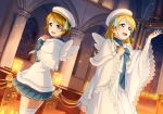  2girls ayase_eli beret blonde_hair blue_eyes brown_hair capelet detached_sleeves dress fur_trim hand_on_own_chest hat highres koizumi_hanayo looking_at_viewer looking_back love_live! love_live!_school_idol_festival love_live!_school_idol_project miniskirt multiple_girls open_mouth pleated_skirt ribbon skirt smile thigh-highs violet_eyes white_legwear zettai_ryouiki 