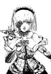  1girl alice_margatroid blood bloody_tears capelet commentary cowboy_shot damaged dress expressionless hairband hand_on_own_chest lance lips lolita_hairband looking_at_viewer mechanical_arm mechanical_eye monochrome ougibro_(spookybro) parts_exposed polearm robot robot_joints shanghai_doll short_hair simple_background sketch solo touhou weapon white_background 