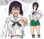  1girl black_hair black_legwear blush breasts choker collarbone commentary_request girls_und_panzer green_skirt hair_between_eyes hands_on_hips highres kawashima_momo kneeling long_sleeves looking_at_viewer medium_breasts midriff monocle multiple_views navel neckerchief norinco open_mouth pleated_skirt pointing school_uniform serafuku shirt short_hair sketch skirt solo standing translation_request white_background white_shirt 