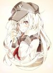  1girl anchor_symbol blue_eyes blush eyebrows eyebrows_visible_through_hair hair_between_eyes hat head_tilt heart heart-shaped_pupils hibiki_(kantai_collection) holding holding_hair kantai_collection kotarou_(rakugaki_shirushi) long_hair long_sleeves looking_at_viewer neckerchief parted_lips roman_numerals sailor_collar solo symbol-shaped_pupils upper_body white_background white_hair 