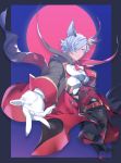  1boy animal_ears blue_eyes cape chiyoda_micro cravat dark_skin dark_skinned_male erun_(granblue_fantasy) eustace_(granblue_fantasy) gloves granblue_fantasy hair_over_one_eye male_focus moon outstretched_hand plume red_moon short_hair solo vampire_costume white_hair 