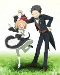  1boy 1girl black_hair blonde_hair butler child cosplay detached_sleeves dress formal frilled_sleeves frills full_body grass hair_ribbon happy highres holding_hands laughing leg_up maid mary_janes natsuki_subaru outdoors petra_leyte re:zero_kara_hajimeru_isekai_seikatsu red_ribbon rem_(re:zero)_(cosplay) ribbon shoes short_hair standing suit twitter_username white_legwear yomo_(rb_crr) 