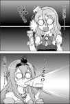  2girls 2koma :d bare_shoulders comic crown cup dress drinking_glass hairband headgear holding jewelry kantai_collection long_hair mini_crown monochrome multiple_girls necklace o_o off-shoulder_dress off_shoulder open_mouth pola_(kantai_collection) smile spit_take spitting translated warspite_(kantai_collection) wasu wine_glass 