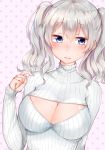  1girl blue_eyes blush breasts cleavage cleavage_cutout embarrassed kantai_collection kashima_(kantai_collection) maria_(maria0304) open-chest_sweater ribbed_sweater silver_hair simple_background solo sweater white_sweater 