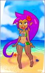  blue_eyes blush breasts cleavage dark_skin earrings keppok navel pointy_ears purple_hair shantae shantae_(character) shorts tanline thick_thighs wide_hips 