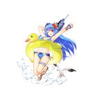  1girl ;d alternate_costume armpits arms_up ass_visible_through_thighs bikini bird blue_hair blue_swimsuit blush bracelet breasts cleavage duck eyebrows eyebrows_visible_through_hair flower front-tie_bikini front-tie_top full_body garrison_cap hair_flower hair_ornament hat holding holding_weapon inflatable jewelry jumping legs_up lifebuoy long_hair looking_at_viewer mana_(418208360) mini_hat navel official_art one_eye_closed open_mouth polka_dot polka_dot_bikini quincy_(zhan_jian_shao_nyu) red_eyes sandals scrunchie seagull see-through side-tie_bikini smile solo splashing swimsuit thigh_gap thigh_strap transparent_background water water_gun weapon wrist_scrunchie zhan_jian_shao_nyu 