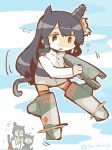  &gt;_&lt; 3girls :o animal_ears black_hair cat_ears cat_tail chibi_inset closed_eyes commentary_request fusou_(kantai_collection) headgear kantai_collection konno_akikaze long_hair multiple_girls red_eyes shigure_(kantai_collection) strike_witches striker_unit tail world_witches_series yamashiro_(kantai_collection) 