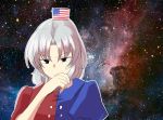  1girl american_flag black_eyes blue_shirt commentary_request covering_mouth dress flag frown hand_over_own_mouth long_hair mana_(gooney) multicolored_dress multicolored_shirt no_hat no_headwear puffy_short_sleeves puffy_sleeves red_shirt shirt short_sleeves silver_hair sky solo space star_(sky) sweatdrop tagme touhou yagokoro_eirin 