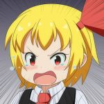  1girl angry blonde_hair blush cato_(monocatienus) commentary_request emphasis_lines gradient gradient_background grey_background hair_ribbon looking_at_viewer necktie open_mouth red_eyes red_necktie ribbon rumia short_hair solo tears touhou upper_body 