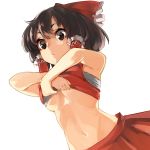  1girl absurdres black_eyes black_hair bow breasts commentary_request hair_between_eyes hair_bow hair_tubes hakurei_reimu highres lifted_by_self looking_at_viewer medium_breasts navel nuqura red_bow red_skirt sarashi simple_background skirt solo stomach touhou under_boob undressing white_background 