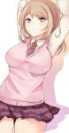  1girl :&lt; akamatsu_kaede arms_up bangs blonde_hair blush breasts chiune_(yachi) closed_mouth cowboy_shot dangan_ronpa eyebrows_visible_through_hair hair_ornament hairclip highres large_breasts looking_at_viewer musical_note_hair_ornament necktie new_dangan_ronpa_v3 purple_skirt red_necktie school_uniform shadow simple_background skirt solo sweater_vest thighs violet_eyes white_background 