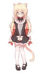  1girl animal_ears blonde_hair cat_ears cat_tail dress fang_out frilled_dress frills glasses grey_eyes highres long_hair original shone smile tail thigh-highs 