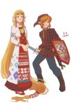  1boy 1girl absurdly_long_hair blonde_hair blue_eyes boots braid brown_boots circlet commentary earrings freckles full_body hair_tubes hat highres jewelry link long_hair orange_hair pointy_ears princess_zelda sasha_gladysh shield sword the_legend_of_zelda twin_braids very_long_hair weapon 