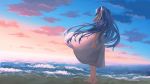  1girl barefoot beach blue_hair clouds commentary_request dress from_behind hand_in_hair hatsune_miku highres long_hair ocean sand sleeveless sleeveless_dress solo sundress sunset twintails vocaloid waves white_dress yue_(tada_no_saboten) 