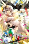 1girl bird bracelet branch commentary detached_sleeves dress feathers grey_hair hair_ornament jewelry light_rays long_hair lying on_back original solo tika_(mika4975) white_dress yellow_eyes 
