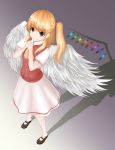  1girl absurdres adapted_costume alternate_wings angel_wings ascot blonde_hair bobby_socks flandre_scarlet foreshortening from_above gradient gradient_background grey_background hands_clasped highres interlocked_fingers looking_at_viewer looking_up mary_janes no_hat no_headwear puffy_short_sleeves puffy_sleeves red_eyes red_shirt shadow shirt shoes short_hair short_sleeves side_ponytail skirt smile socks solo touhou waravinh wings 