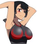  1girl armpit bare_shoulders black_hair blush breasts closed_mouth cropped_torso eyebrows eyebrows_visible_through_hair female higana_(pokemon) kalimantan large_breasts looking_at_viewer nintendo pokemon pokemon_(game) pokemon_oras red_eyes simple_background smile solo upper_body white_background 