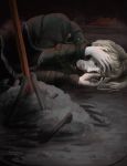 1girl absurdres ashes blonde_hair bone crying dark_souls_iii fire_keeper highres lying on_side solo souls_(from_software) 